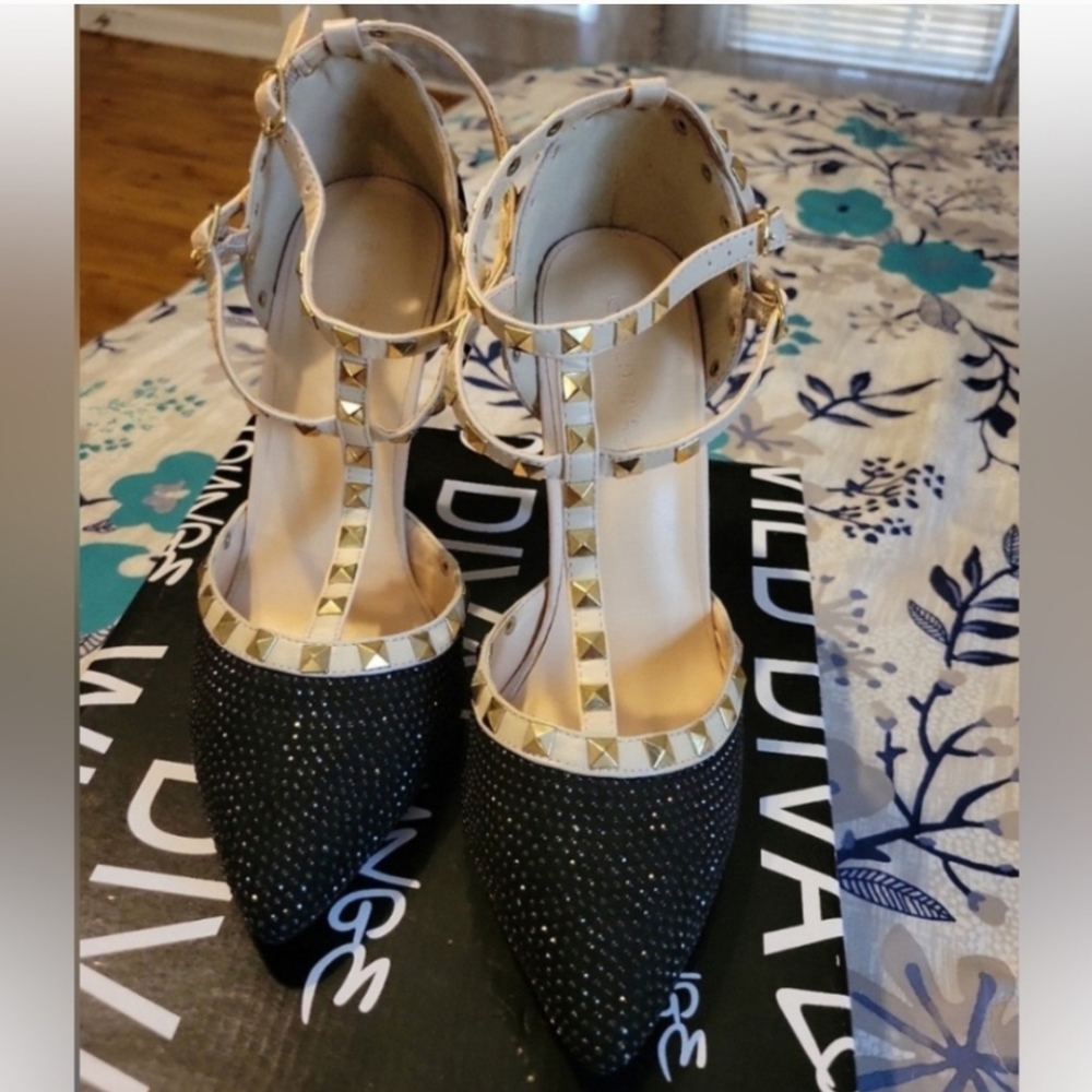 Wild Diva Black and Gold Studded Heels